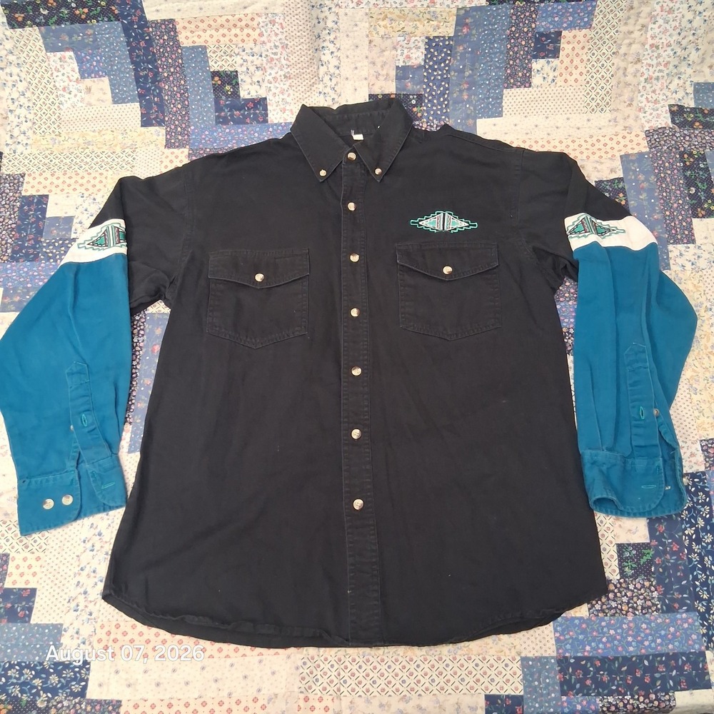 Vintage 90s Roper Western Shirt Mens M Black Teal Embroidered Aztec Snap Cowboy